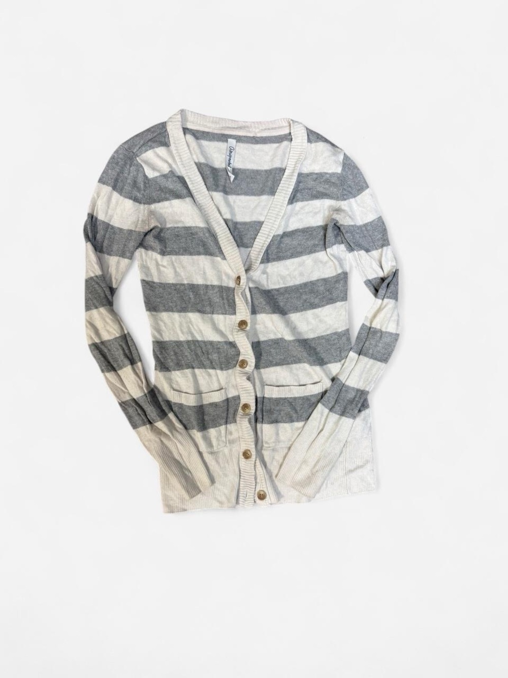 Aeropostale Gray & Cream Striped V-Neck Button Cardigan